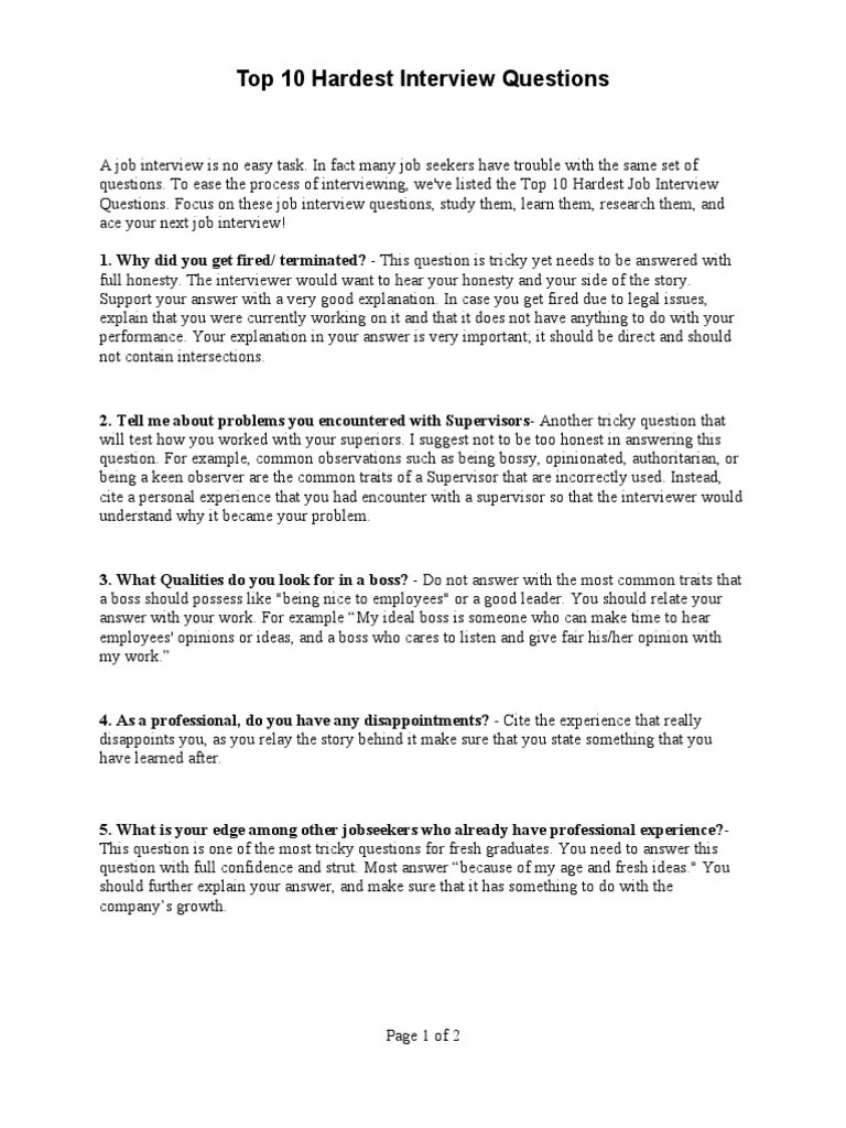 Top 10 Hardest Interview Questions | Download Free PDF | Job Interview ...