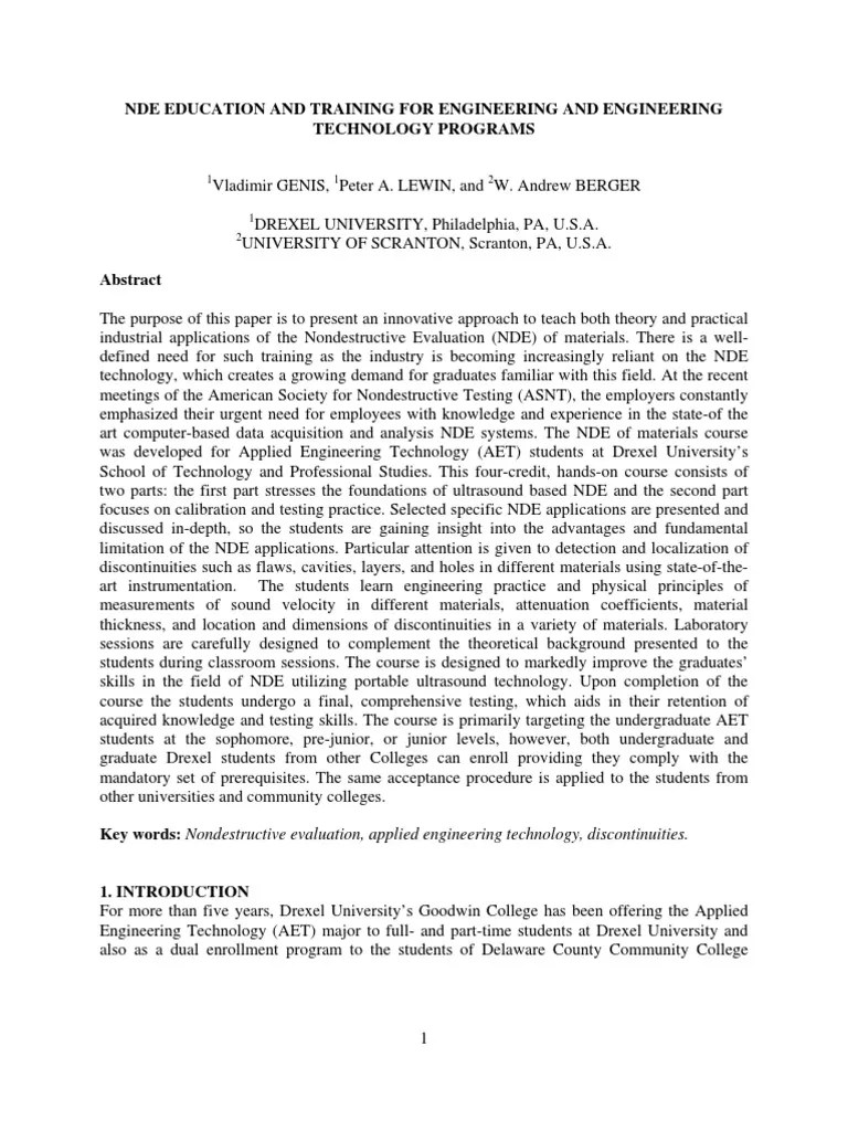 Nde Education And Training For Engineering And Engineering