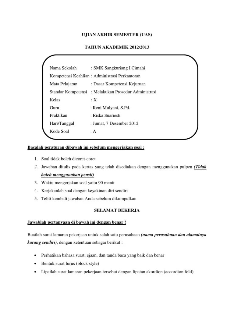 Soal Uas Kearsipan Untuk Kelas X Smk Tahun 2012 Masnurul