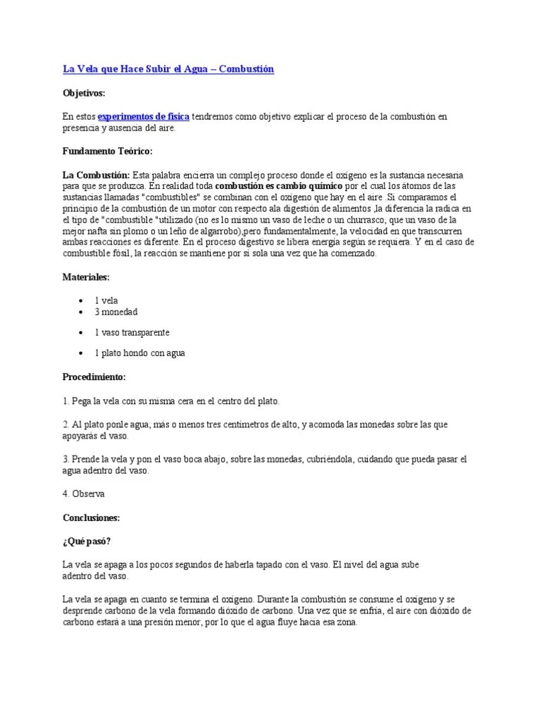 La Vela Que Hace Subir El Agua | PDF | Oxígeno | Presión Atmosférica
