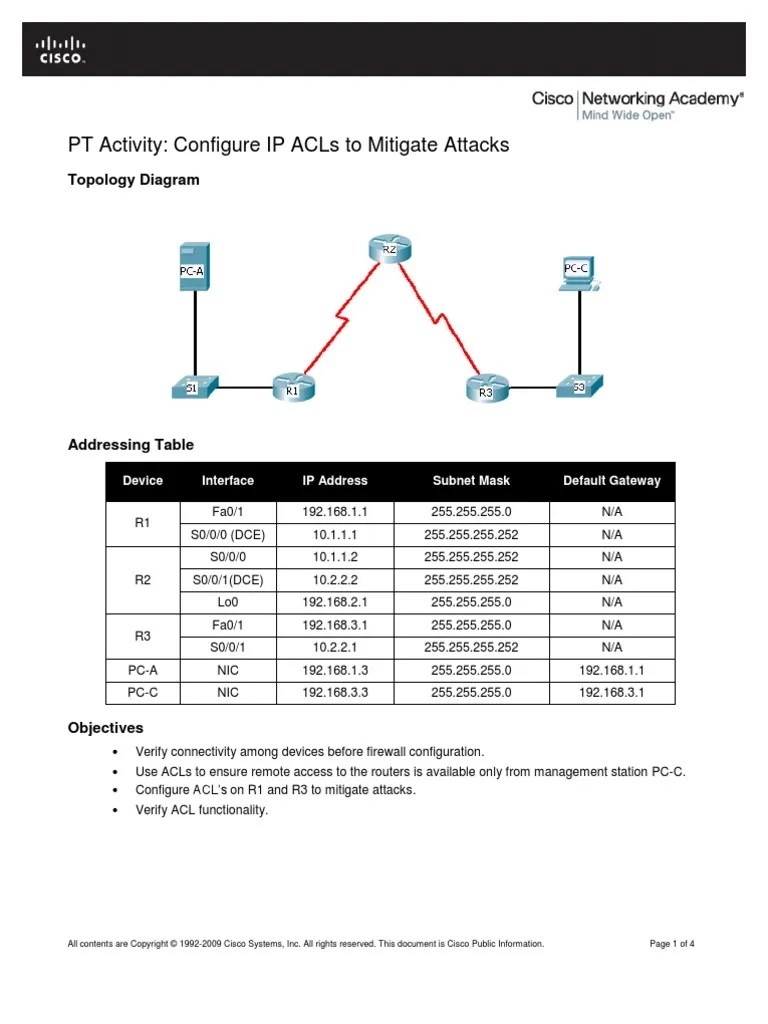 Lab CCNA Security ACL | PDF | Ip Address | Router (Computing)