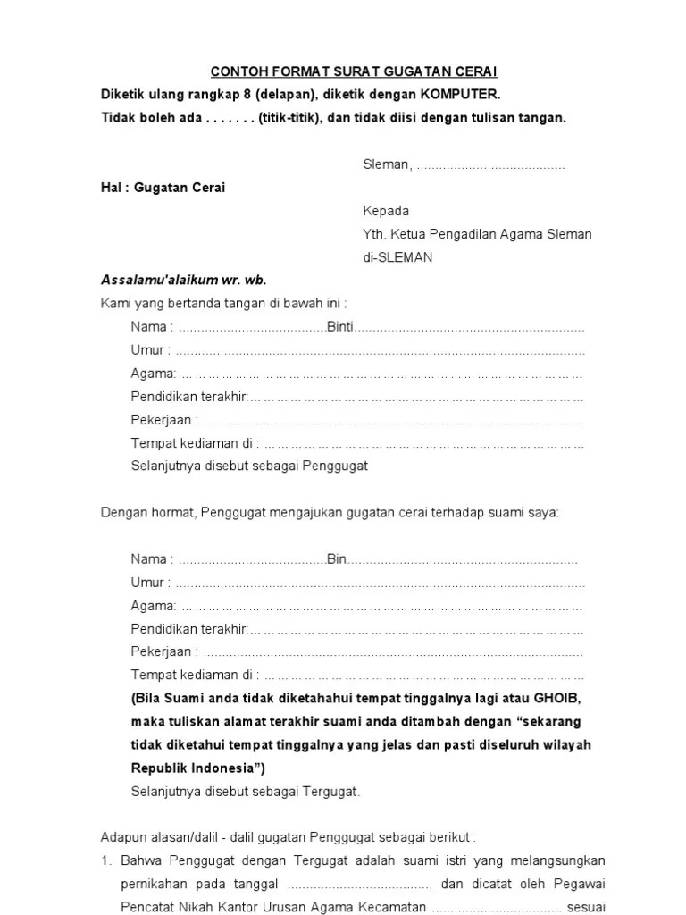 Kedua, surat perjanjian cerai, di dalam surat tersebut menjelaskan bahwa suami istri telah resmi bercerai. Format Contoh Surat Gugatan Cerai (Isteri Yang Mengajukan ...