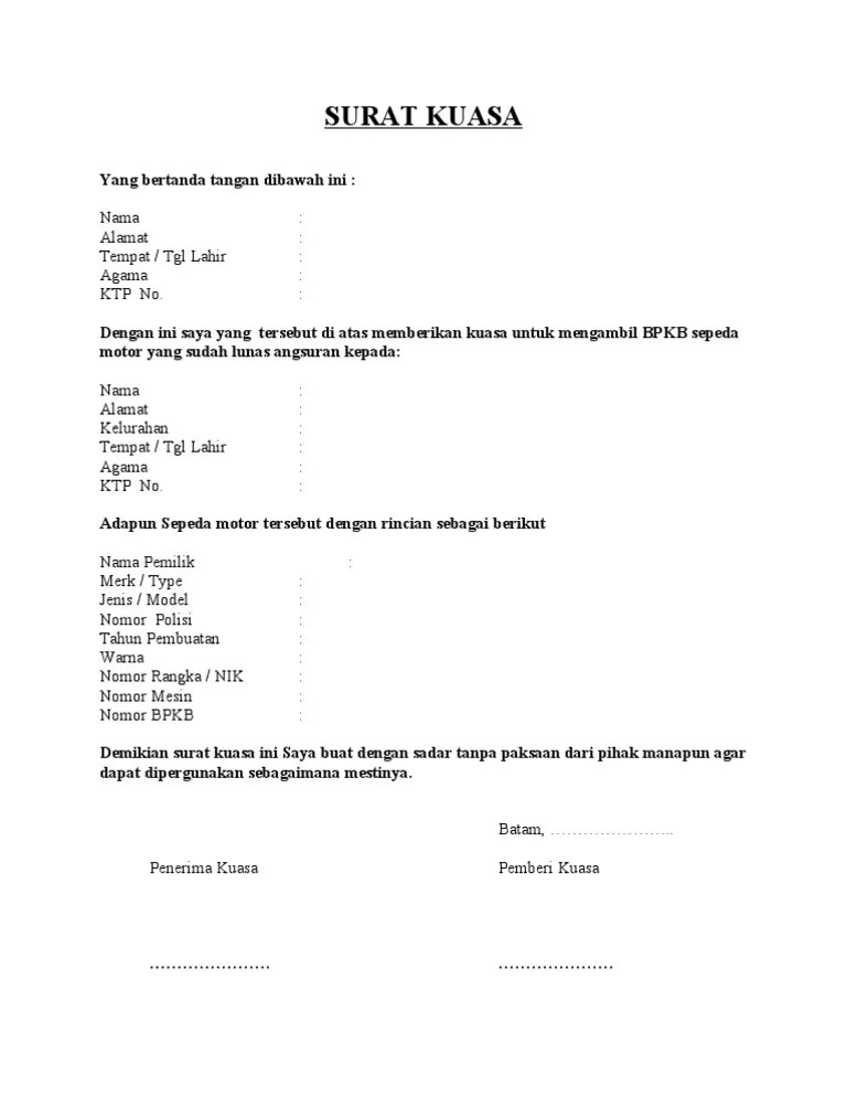 Contoh surat lamaran kerja di pt astra honda motor; Surat Kuasa Pengambilan Bpkb Pdf