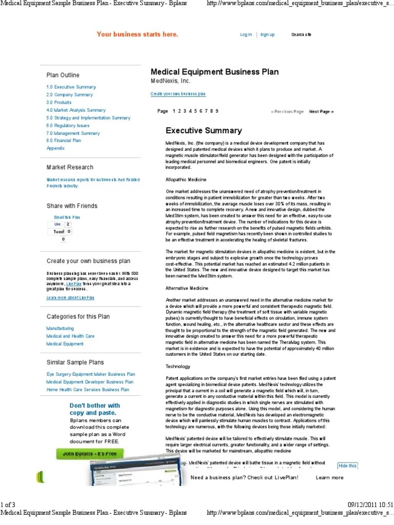 Sample Medical Equipment Business Plan Medical Device Business Plan