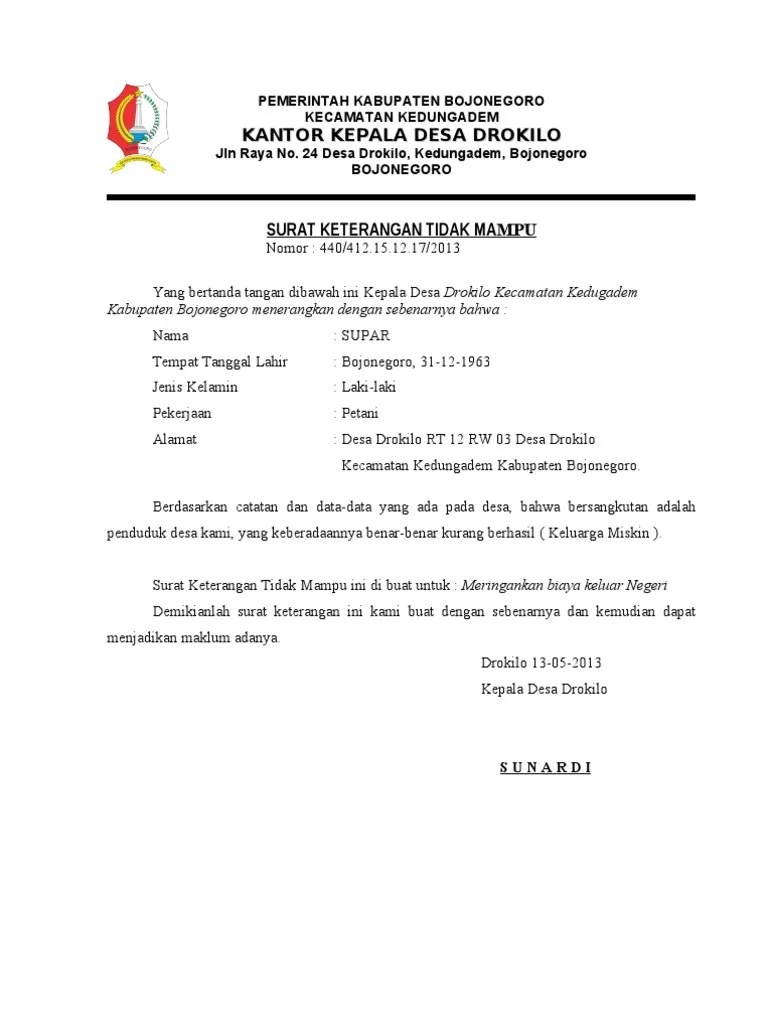 Contoh Surat Keterangan Tidak Mampu Lengkap 