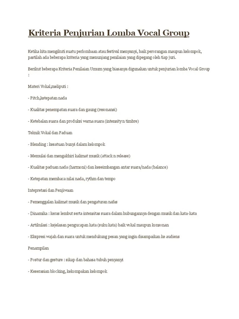 Catatan, kriteria penilaian sebagai berikut : Kriteria Penjurian Lomba Vocal Pdf