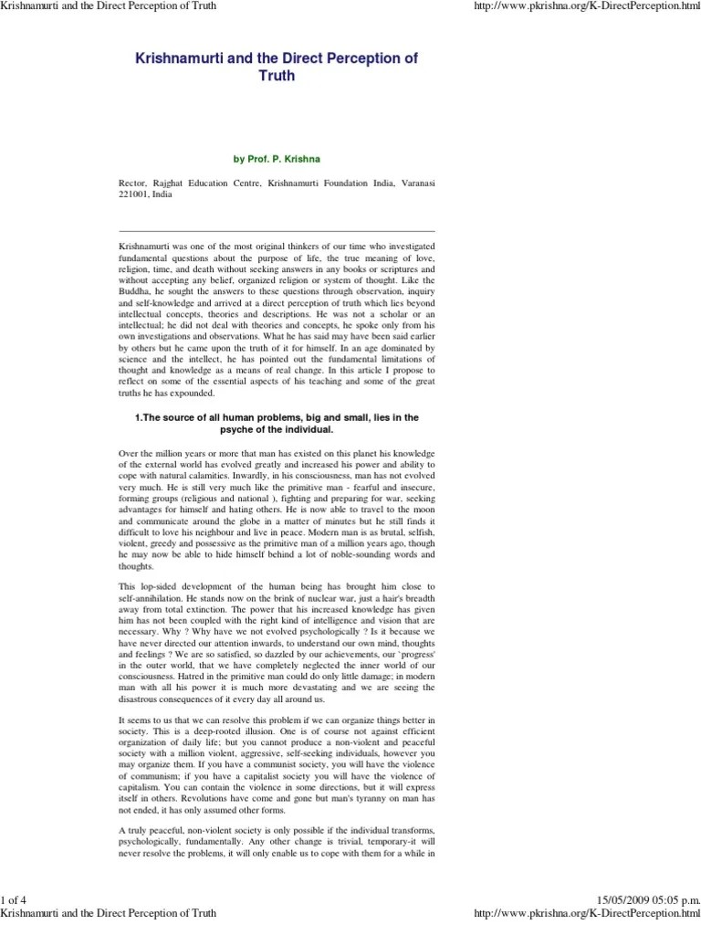 Krishnamurti And The Direct Perception Of Truth | PDF | Truth | Human