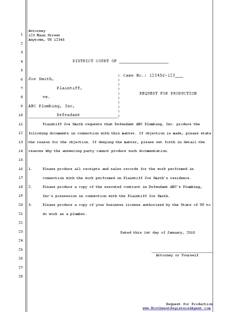 Request For Production Example