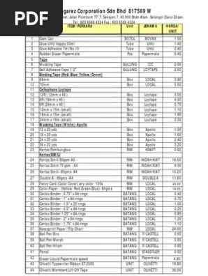 Jadual senarai alat tulis untuk keperluan pejabat di yayasan pewira. Stationery Dan Alatan Pejabat Pdf