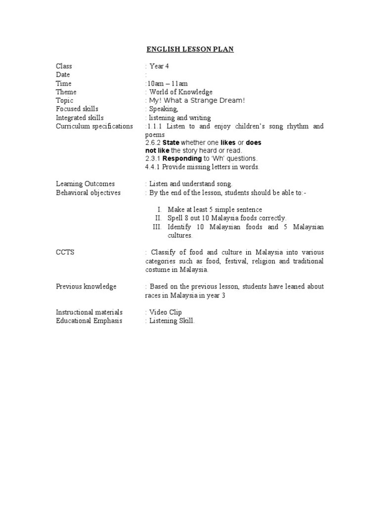 English Lesson Plan | PDF | Malaysia | Lesson Plan