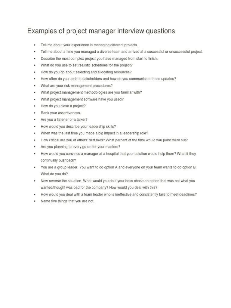 Examples Of Project Manager Interview Questions | PDF | Project Manager ...