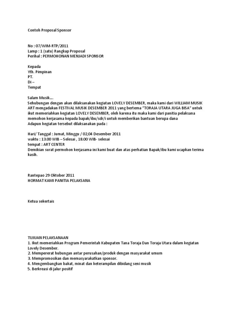 Surat ucapan terimakasih secara resmi yang diberikan kepada sponsor bisanya dilengkapi . Contoh Proposal Sponsorship Content