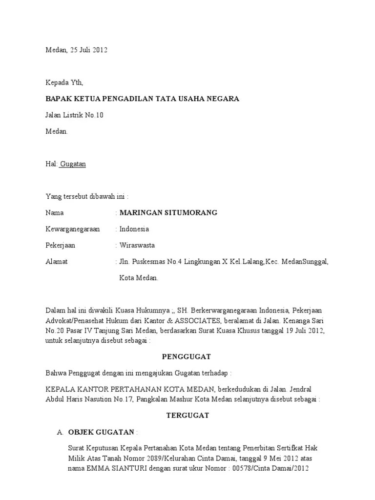 Gugatan kepada yth, bapak ketua. Ptun Gugatan Pdf