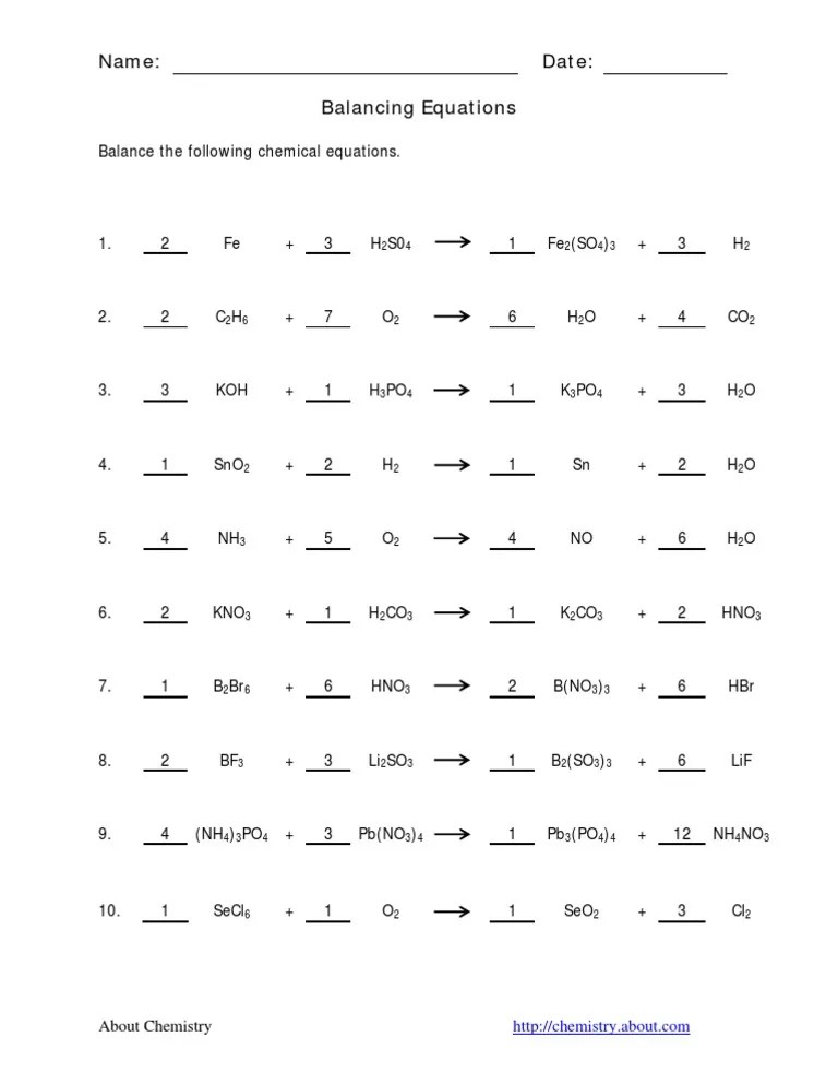 (coefficients equal to one (1) do. Balance Chemical Equations Worksheet 1 Key Pdf Chemistry Physical Sciences