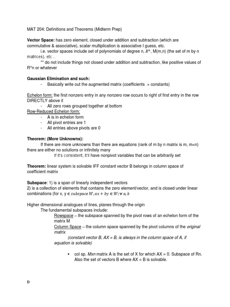 Linear Algebra Notes | PDF | Matrix (Mathematics) | Linear Subspace