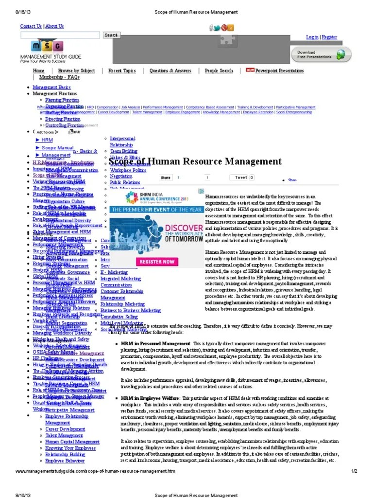 Scope Of Human Resource Management | PDF | Human Resource Management ...
