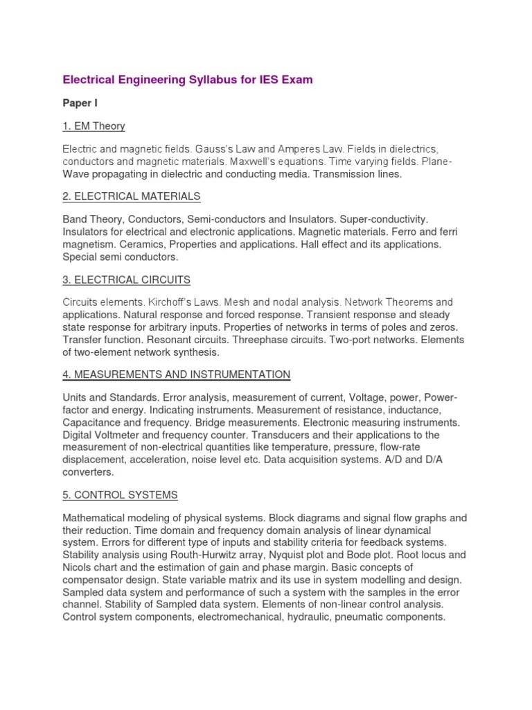 Electrical Engineering Syllabus For Ies Exam Electronic