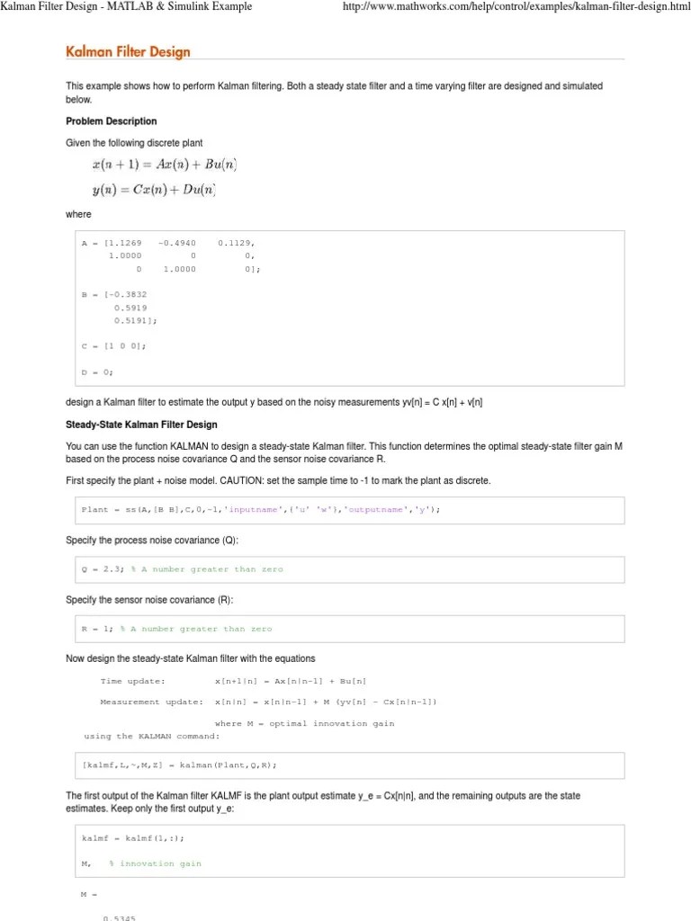 Kalman Filter Design - MATLAB | PDF | Kalman Filter | Statistics
