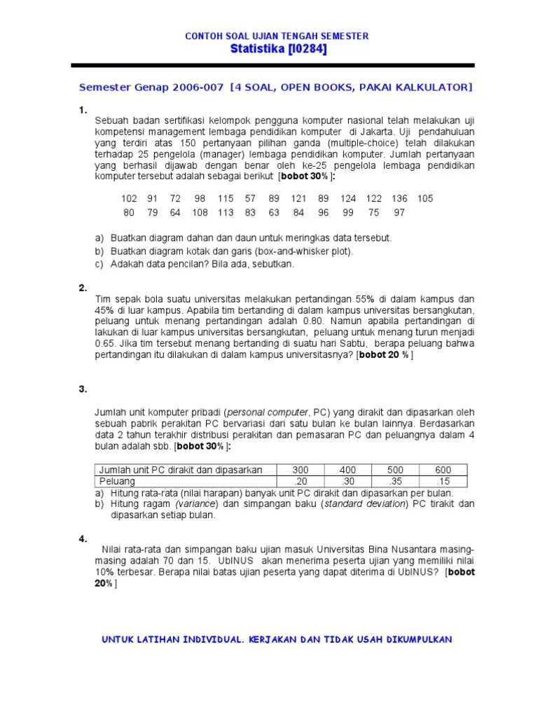 Salah satu contoh artikel bahasa . 12 SOAL UTS STATISTIKA 2 UNIVERSITAS GUNADARMA - ***Soal***