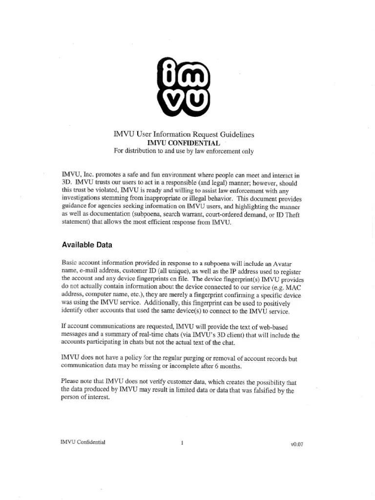 IMVU User Information Request Guidelines: Available Data | PDF | Identity Theft | Email