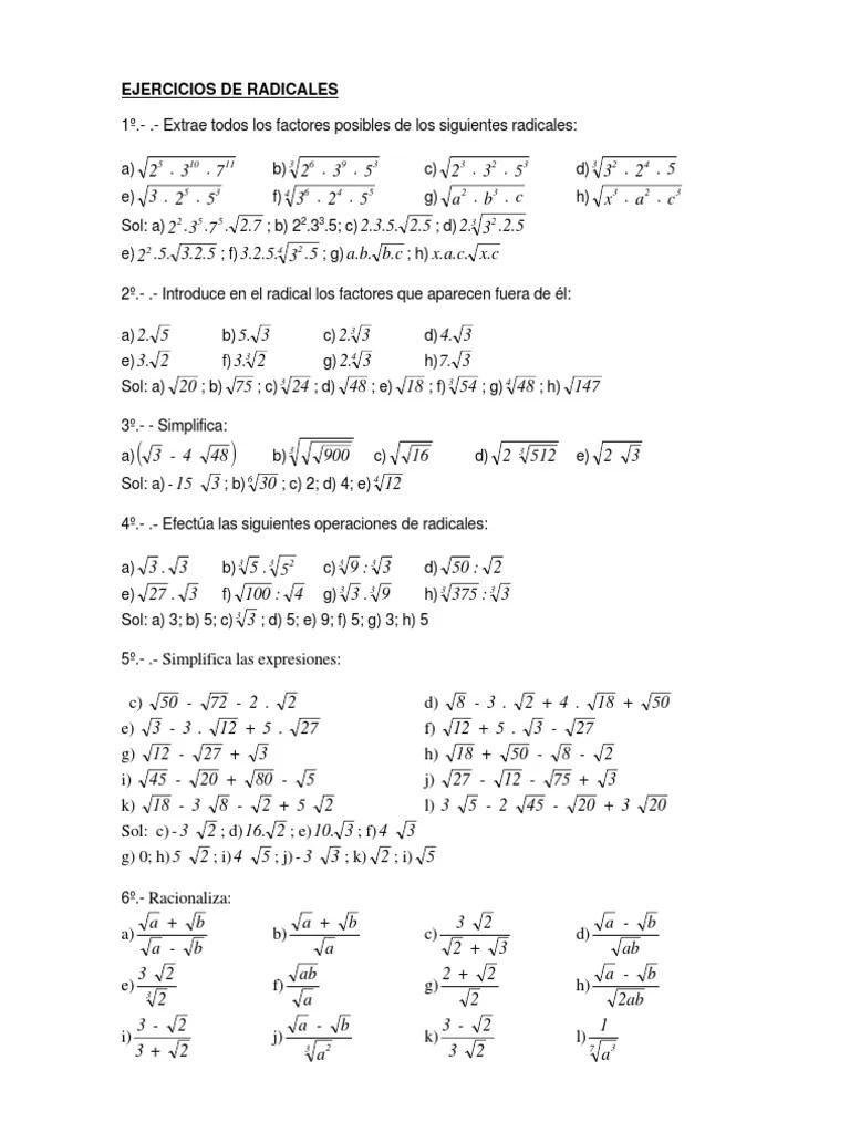 Ejercicios De Radicales Pdf Métodos Y Materiales De Enseñanza