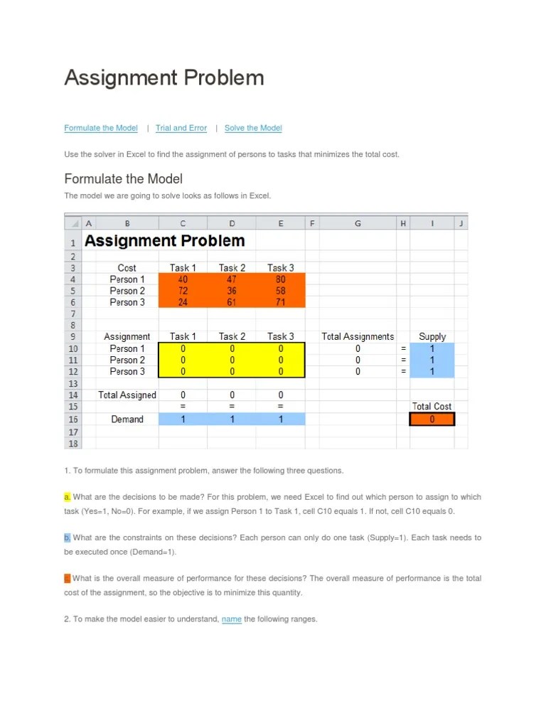 Assignment Problem Using Excel | Download Free PDF | Mathematics Of ...
