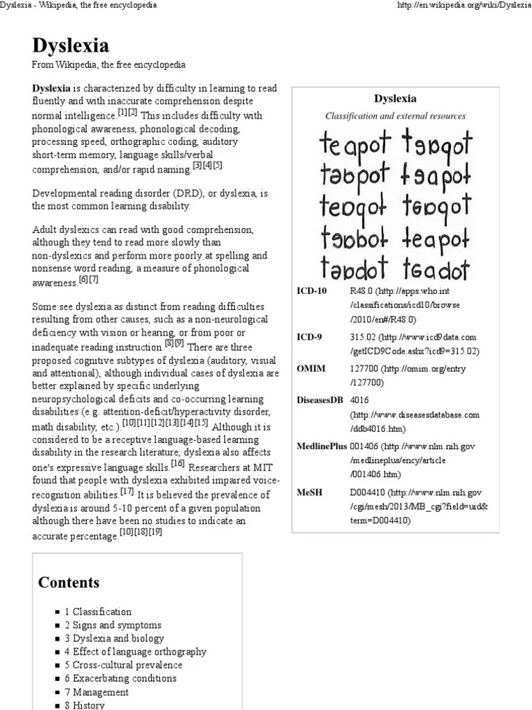Dyslexia Is Characterized By Difficulty In Learning To Read: From Wikipedia, The Free ...