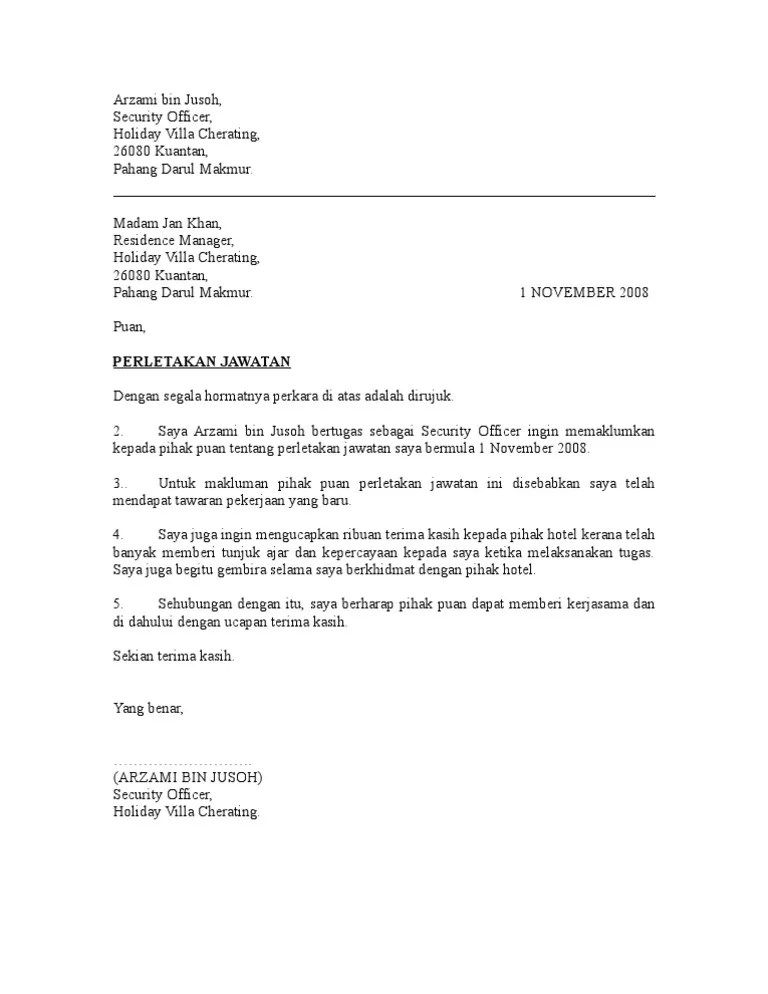 Contoh Surat Notis Diberhenti Kerja 24Jam