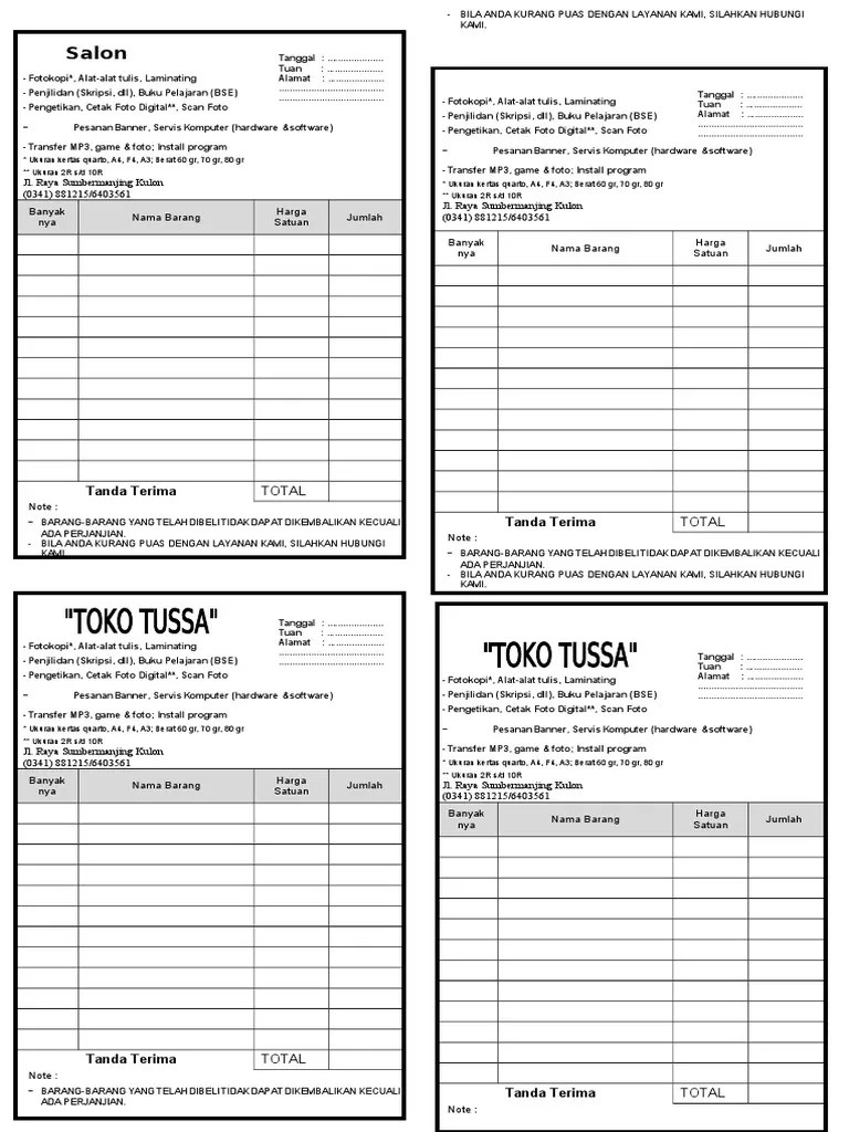 Template Nota Kontan Pulp