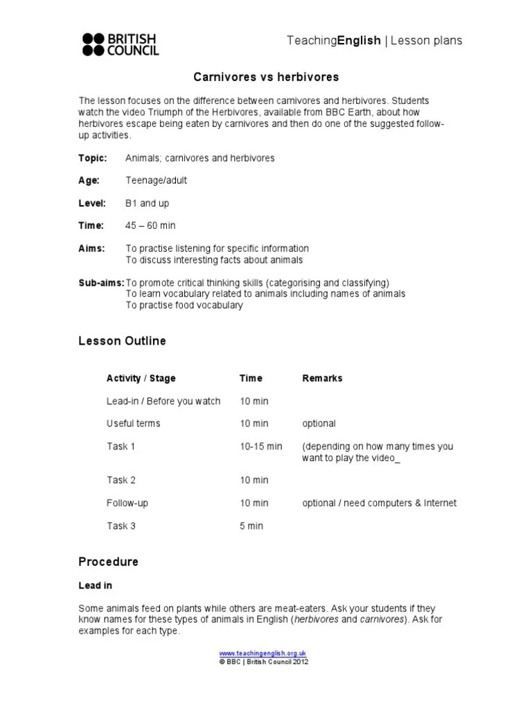 Carnivores Vs Herbivores Lesson Plan | PDF | Predation | Herbivore