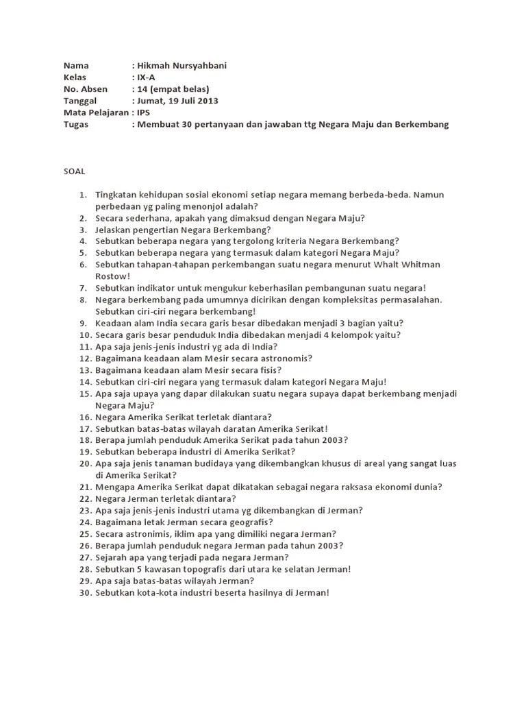 Soal Essay Negara Maju Dan Berkembang