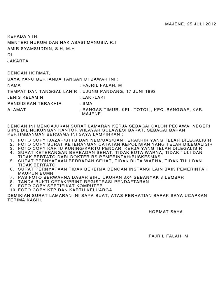 Berikut contoh surat lamaran cpns kemenkumham 2021 untuk lulusan sma sederajat, ini formatnya. Contoh Surat Lamaran Kemenkumham Pdf