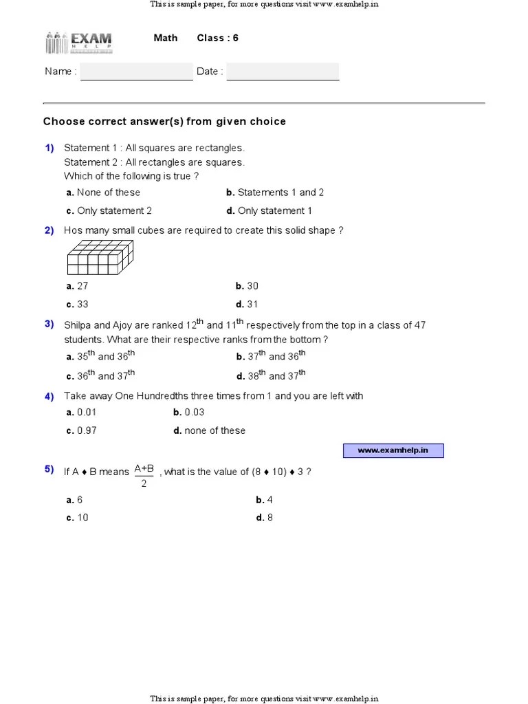 Math Olympiad Class 6 Sample Paper | PDF