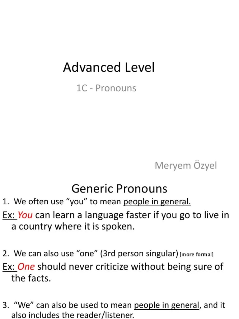 Advanced Level 1C Pronouns Presentation | PDF | Pronoun | Syntactic ...