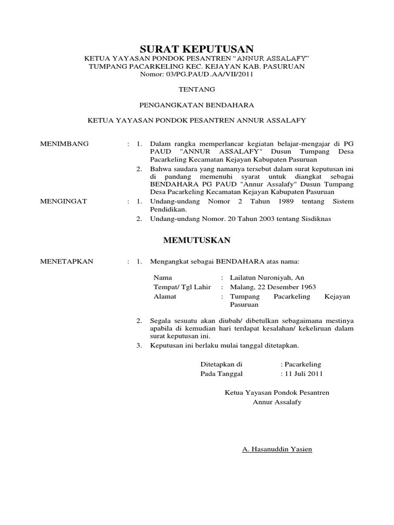 Pengangkatan bendahara sekolah sdn bungur tahun 2016. Surat Keputusan Kepala Sekolah Bendahara Paud
