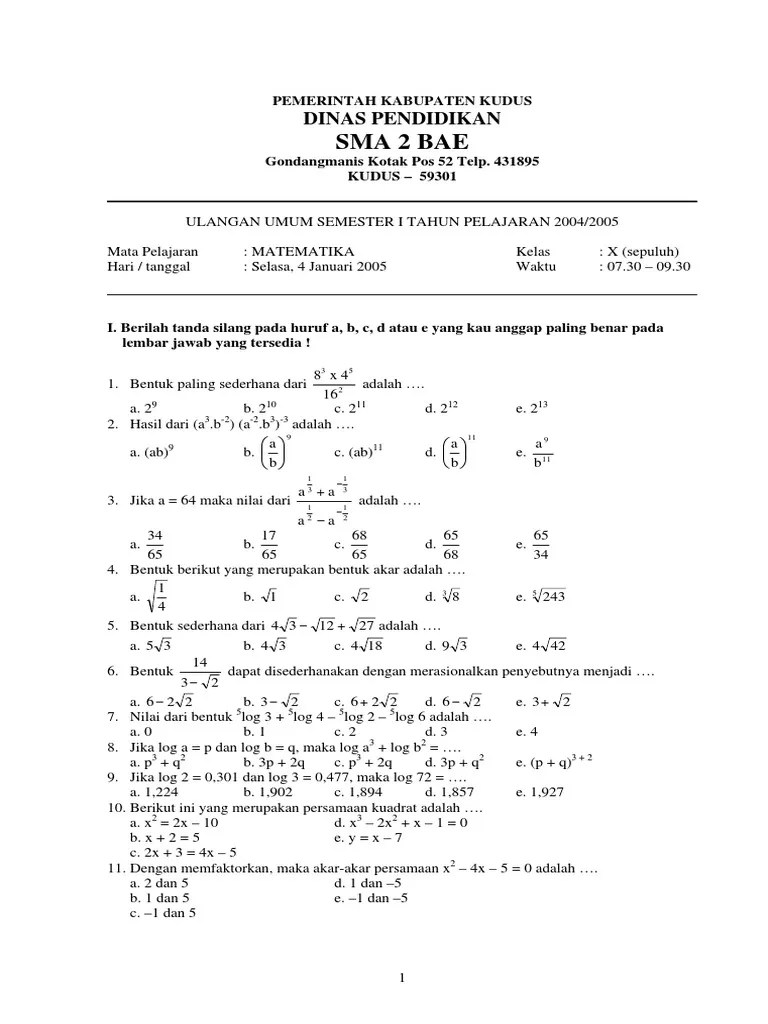 Contoh soal matematika kelas 10 wajib tahun uas/pas 2020/2021 semester 1 & 2 beserta kunci jawabannya/cara pembahasanya kurikulum 2013 nilai . Contoh Latihan Soal Soal Pilihan Ganda Matematika Kelas X Semester 1