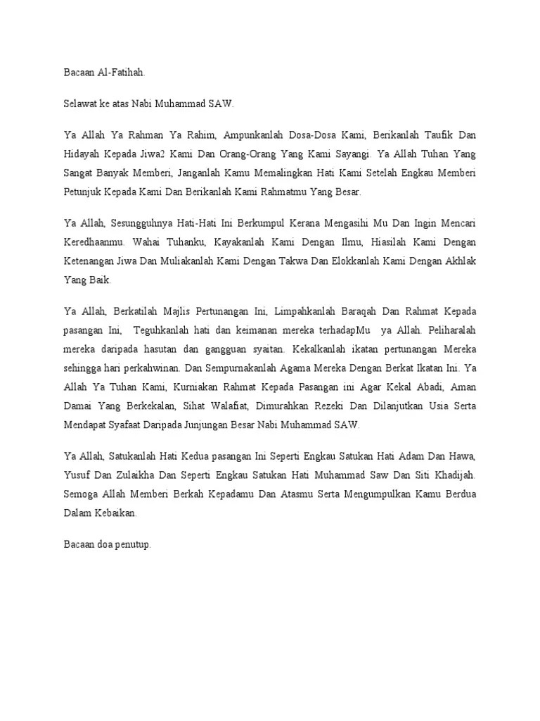 17 Doa Setelah Tunangan SKRIP PENGACARA MAJLIS PERTUNANGAN MASTER OF CEREMONY TEXT Assalamualaikum warahmatullahi wabarakatuh.