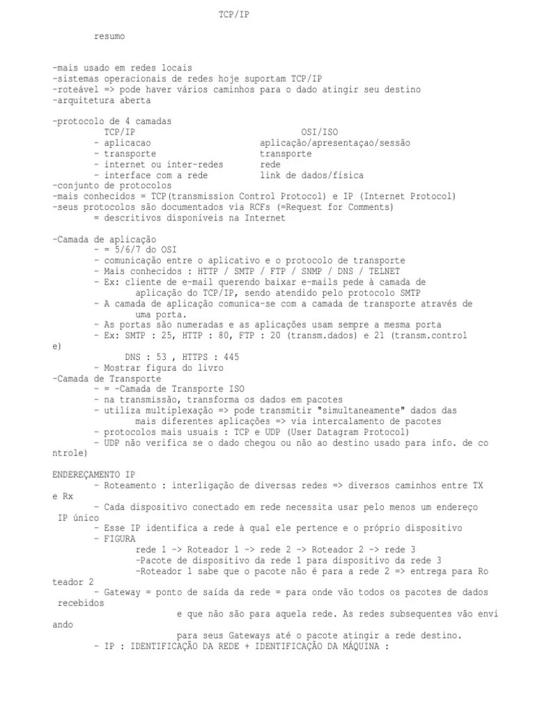 TCP IP Resumo | PDF | Protocolo De Controle De Transmissão | Suíte De ...