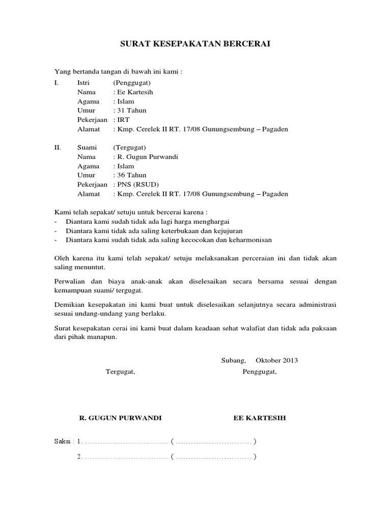 Ada banyak alasan yang mengharuskan sepasang suami istri untuk bercerai dan berpisah. Surat Kesepakatan Bercerai
