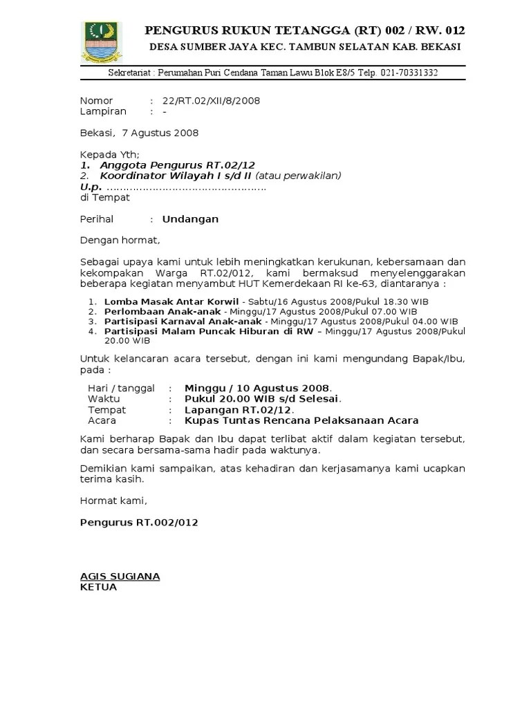 Pt jaya sentosa jalan imam bonjol, no 20, kota yogyakarta, no telp (0274) 8600120. RT - 2008-22 Surat Undangan Rapat Siap HUT RI 63