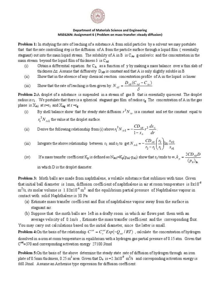 Diffusion Of Various Substances: Problems Involving Mass Transfer ...