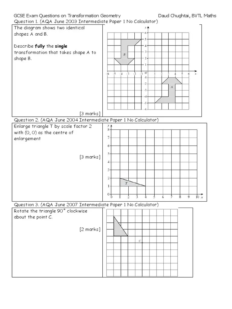 Gcse Exam Questions On Transformation Geometry Intermediate | PDF ...