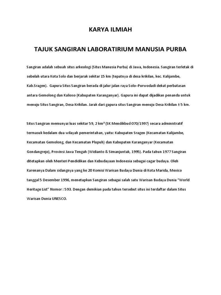 Karya Ilmiah Tajuk Sangiran Laboratorium Manusia Purba | PDF
