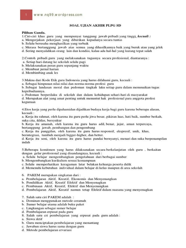 Kali ini admin menulis contoh apersepsi dan motivasi dalam pembelajaran. Contoh Soal Ujian Akhir Plpg Sd Pdf Pdf