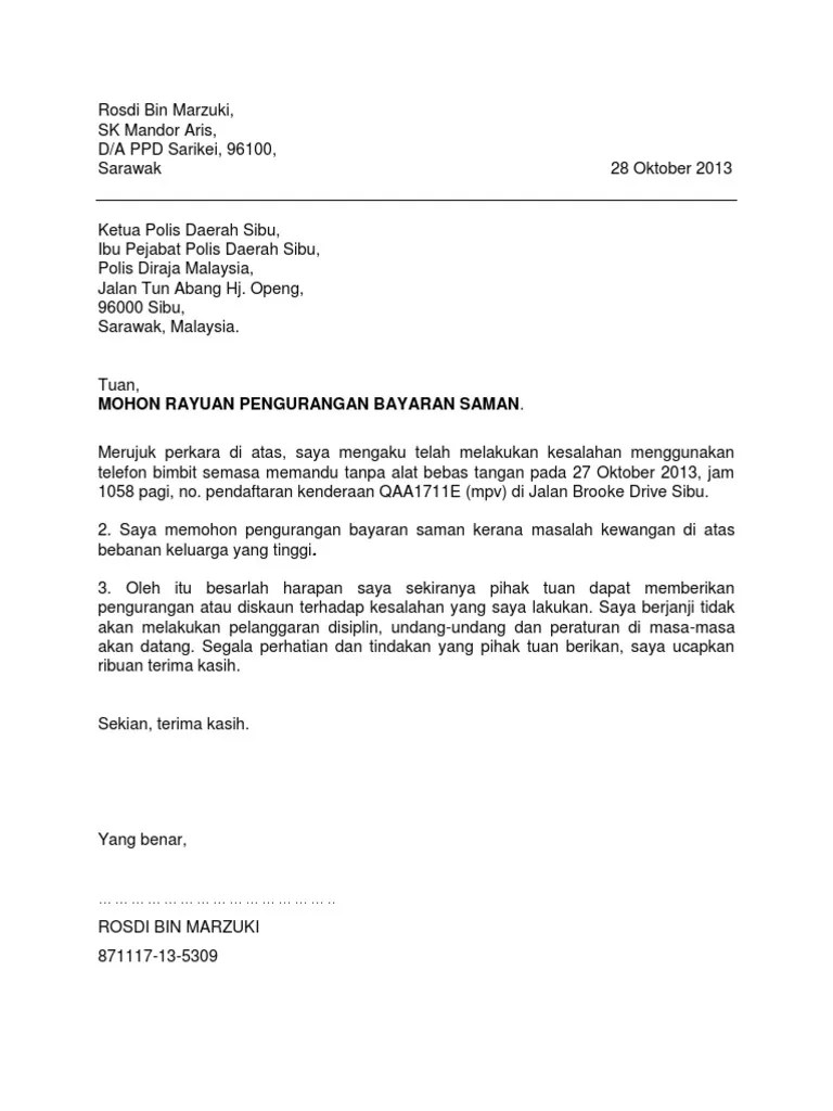 Surat rayuan pengurangan bil air persoalan o. Surat Rayuan Saman Trafik Pdf