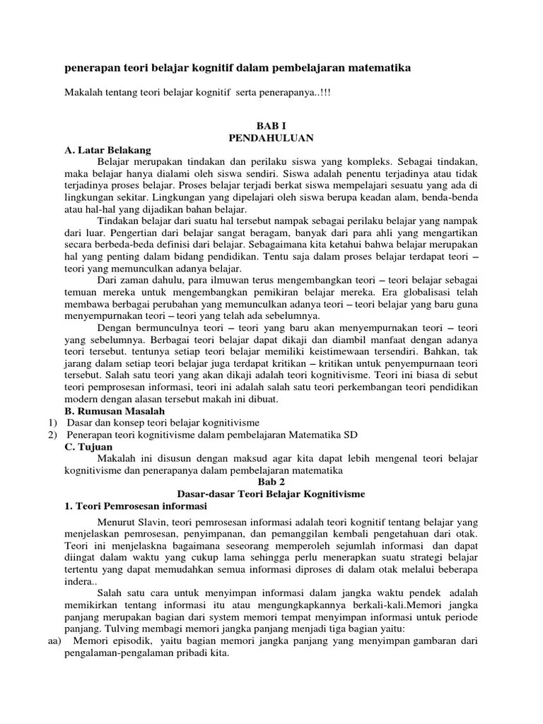 Menurut piaget, perkembangan kognitif merupakan suatu proses genetik,. Penerapan Teori Belajar Kognitif Dalam Pembelajaran Matematika Pdf