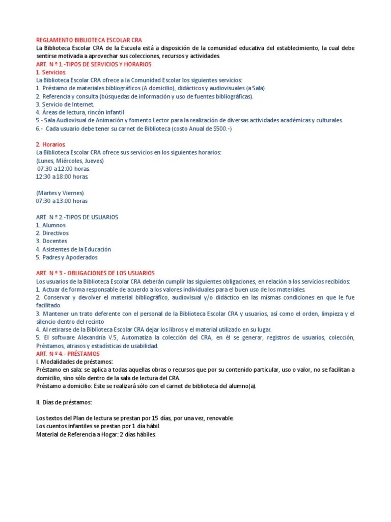 Reglamento Biblioteca Escolar Cra | PDF | Biblioteca Escolar | Bibliotecas
