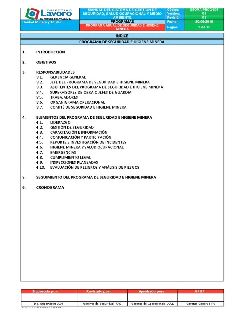 Programa Anual De Seguridad E Higiene Minera Ol 2010 | PDF | La ...
