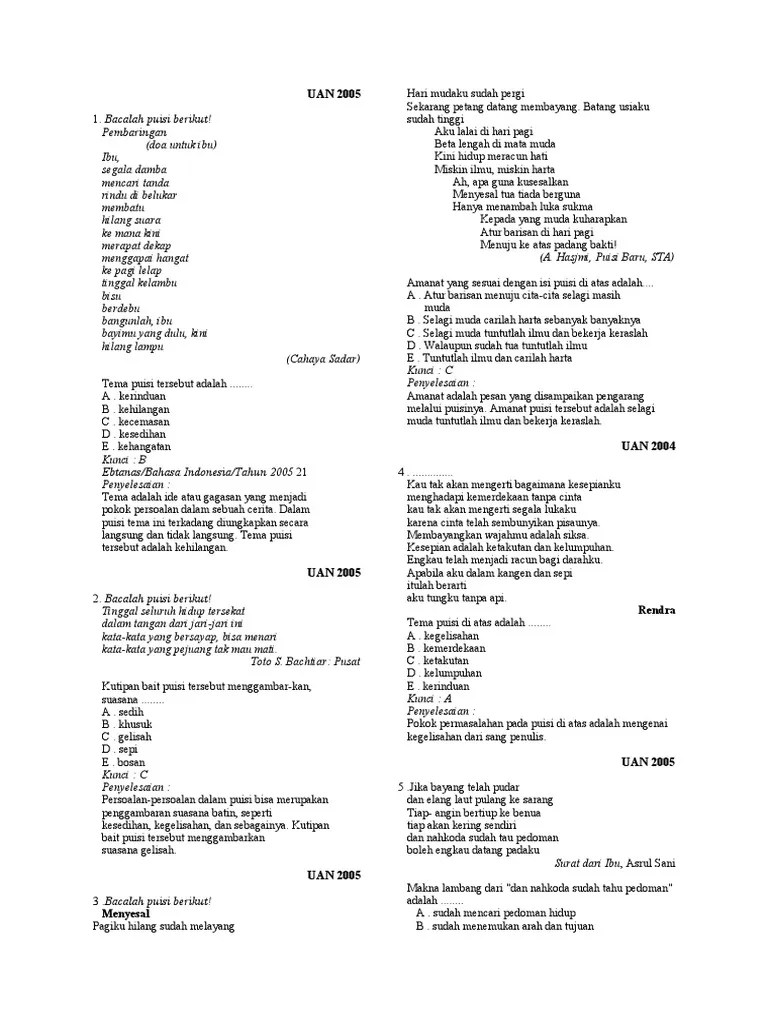 Beberapa jenis puisi baru adalah himne, ode, satire, dan balada. Soal Puisi Sma Pdf