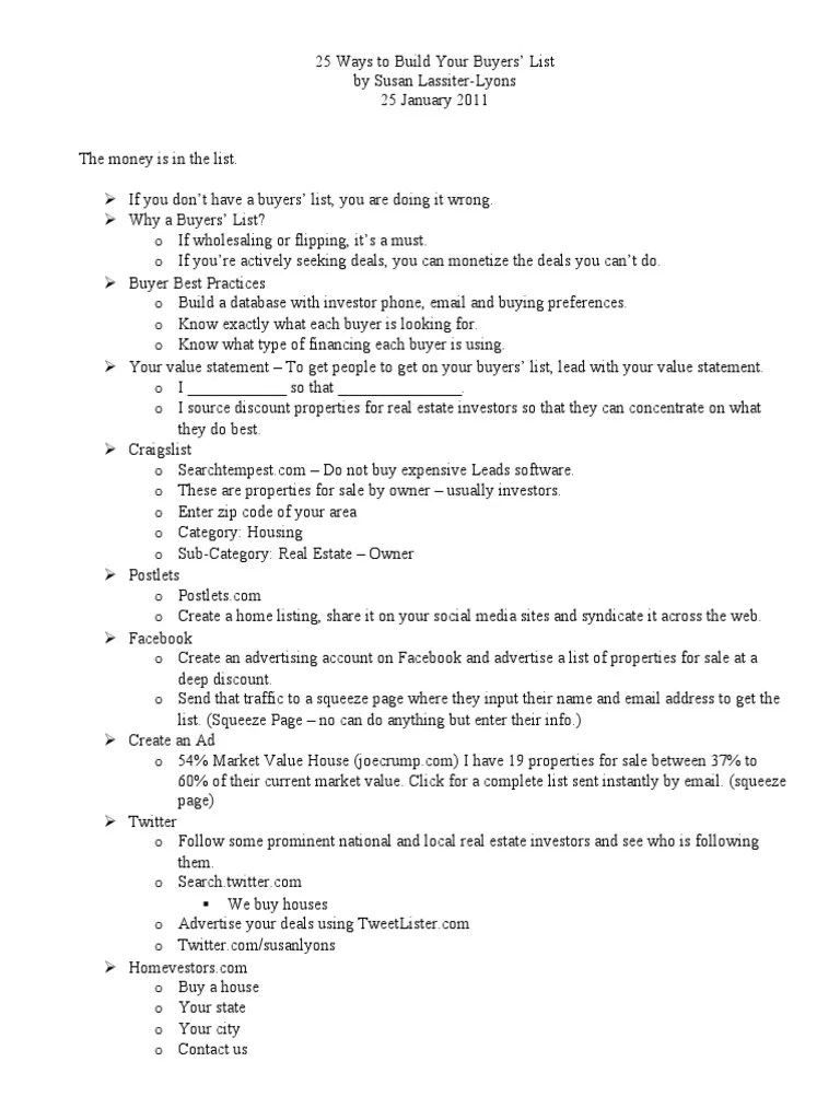 25 Ways To Build Your Buyers List Susan Lassiter-Lyon | PDF | Business | Computing And ...